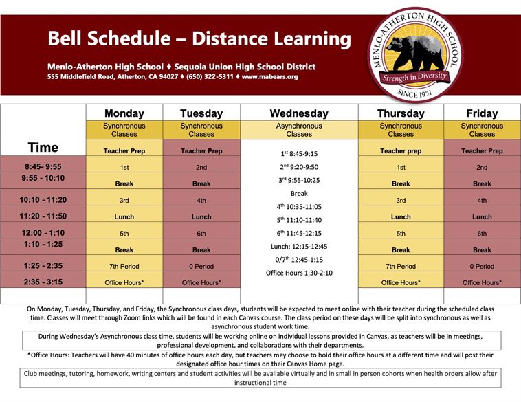 Menlo Atherton High School Calendar.